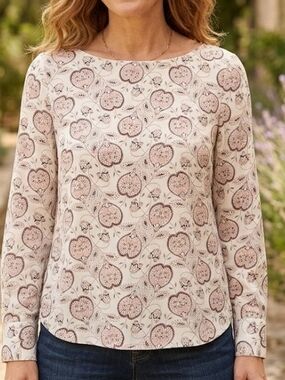 LOFT Cream Long-Sleeve Floral Print Top Size L